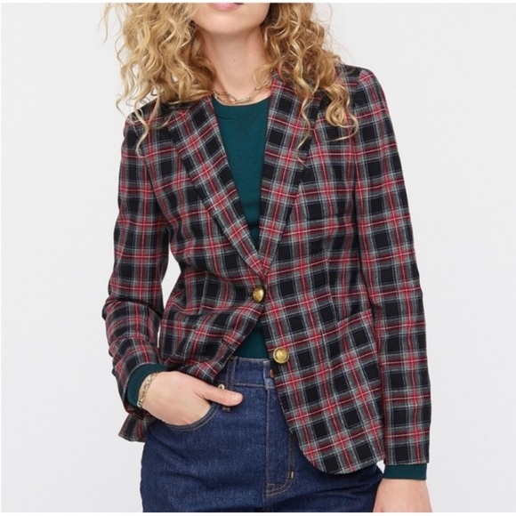 J. Crew Black Stewart Tartan Blazer Jacket Size 0 Red - Picture 1 of 8